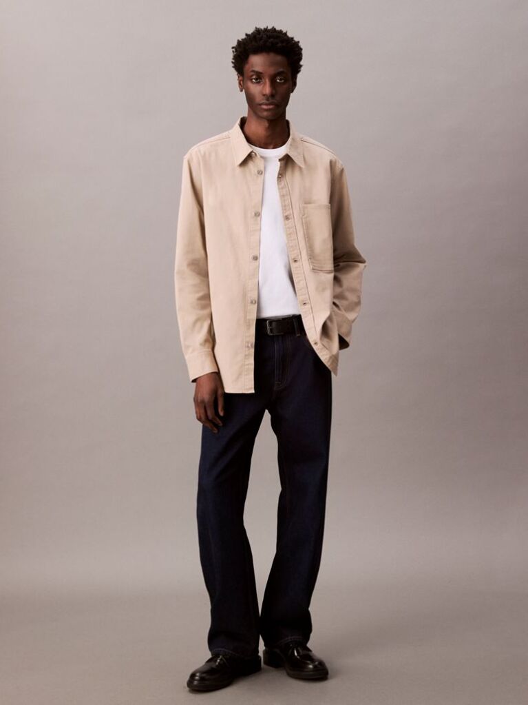 Beige Washed Cotton Canvas Shirt  Men
