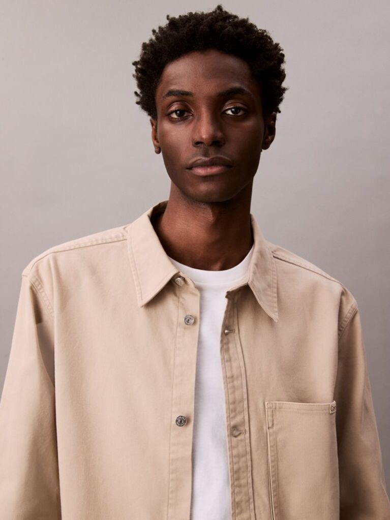 Beige Washed Cotton Canvas Shirt  Men