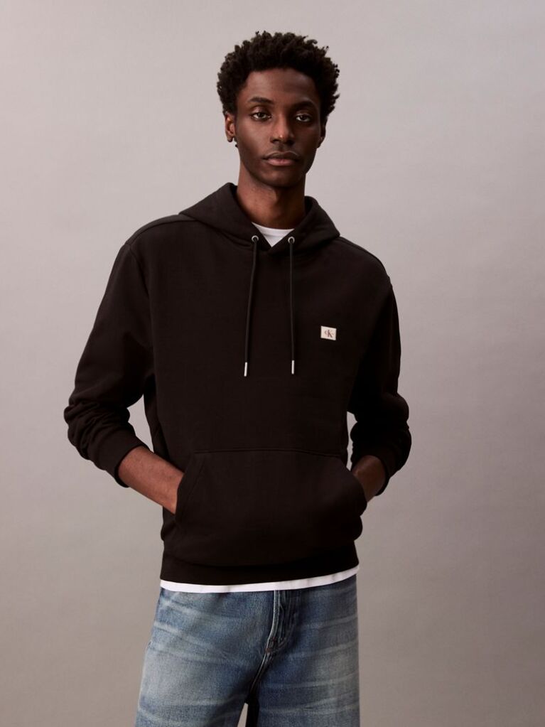 Black Cotton Terry Badge Hoodie  Men