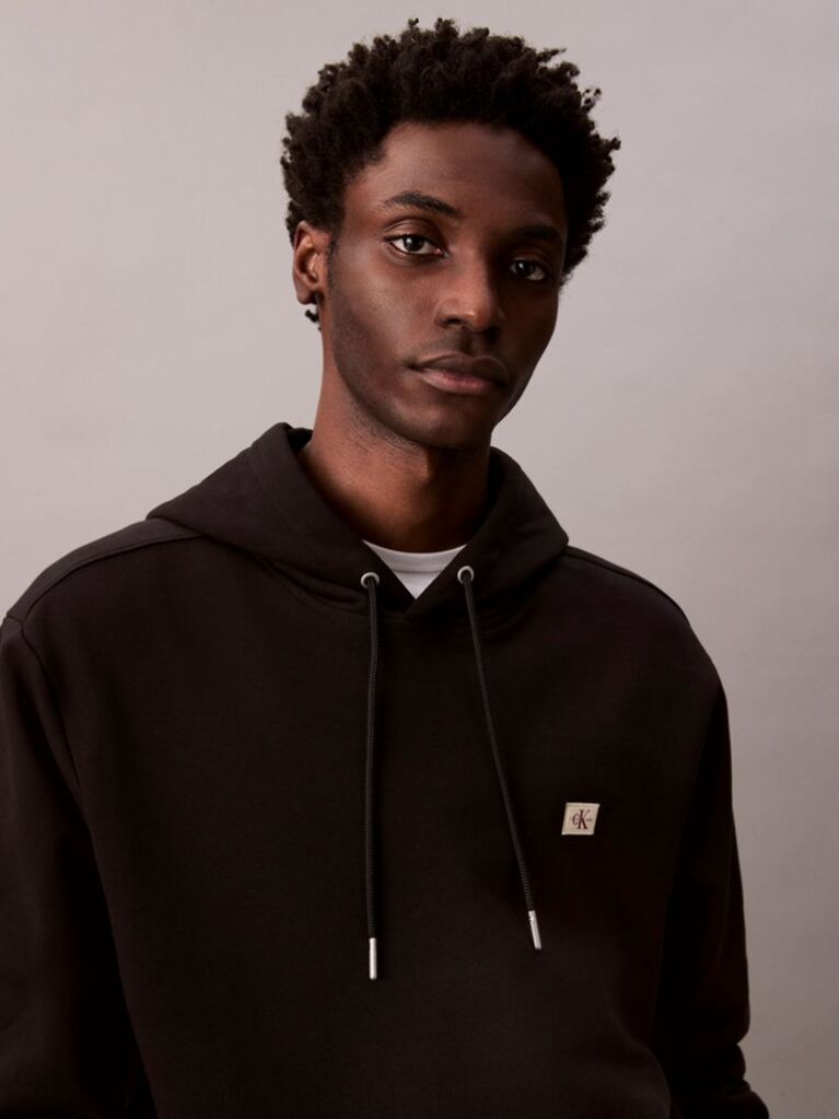 Black Cotton Terry Badge Hoodie  Men