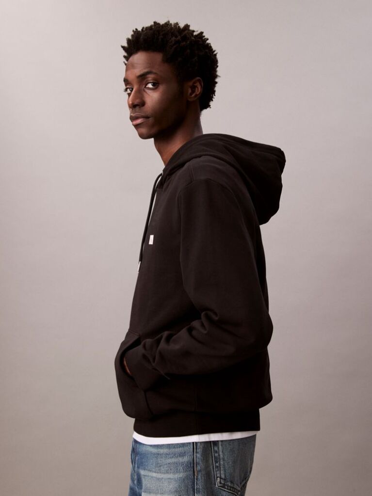 Black Cotton Terry Badge Hoodie  Men