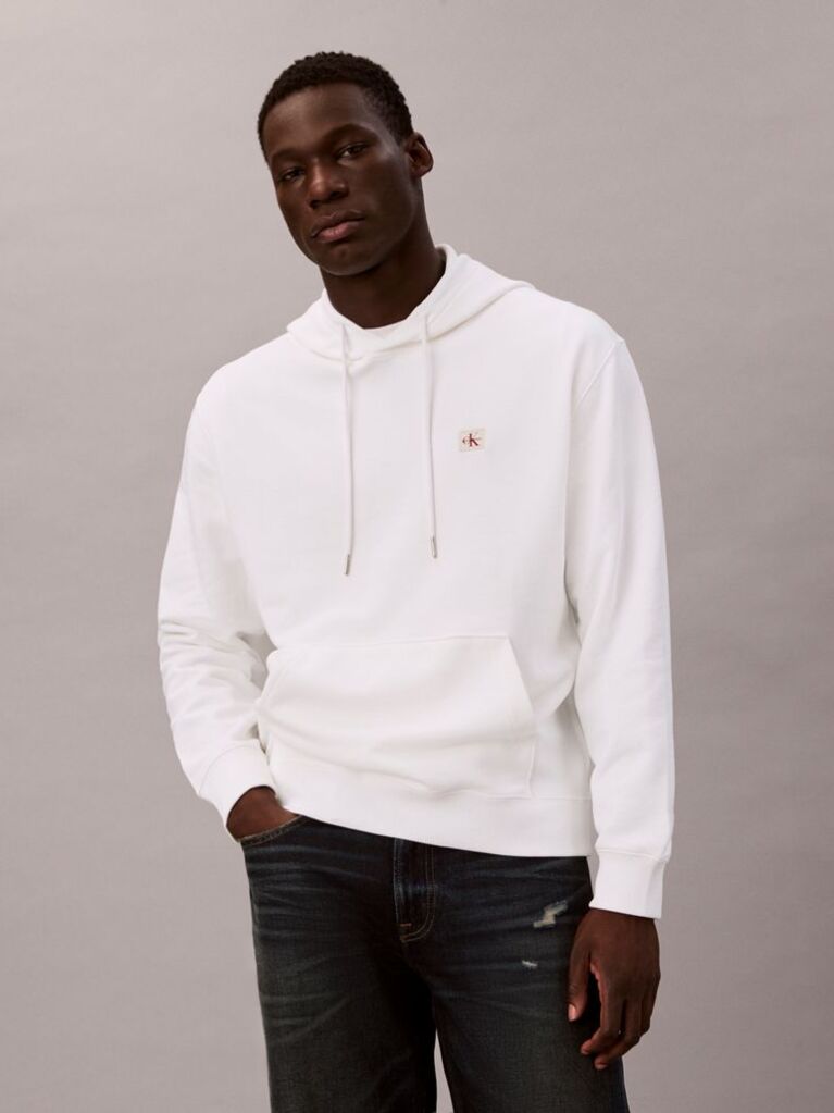 White Cotton Terry Badge Hoodie  Men