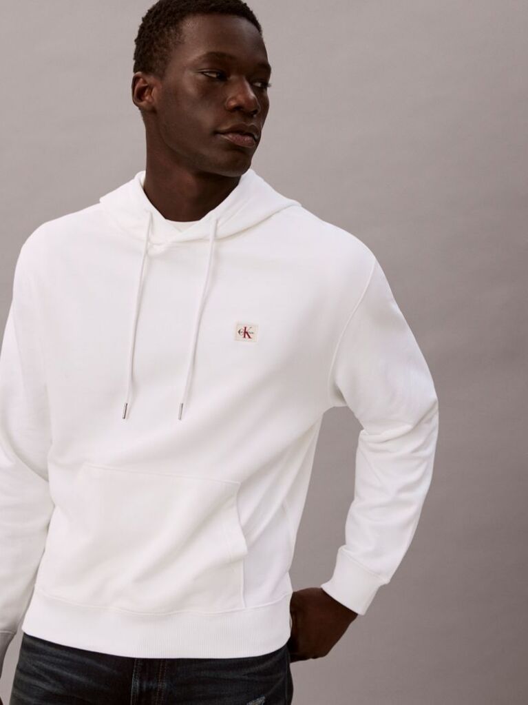 White Cotton Terry Badge Hoodie  Men