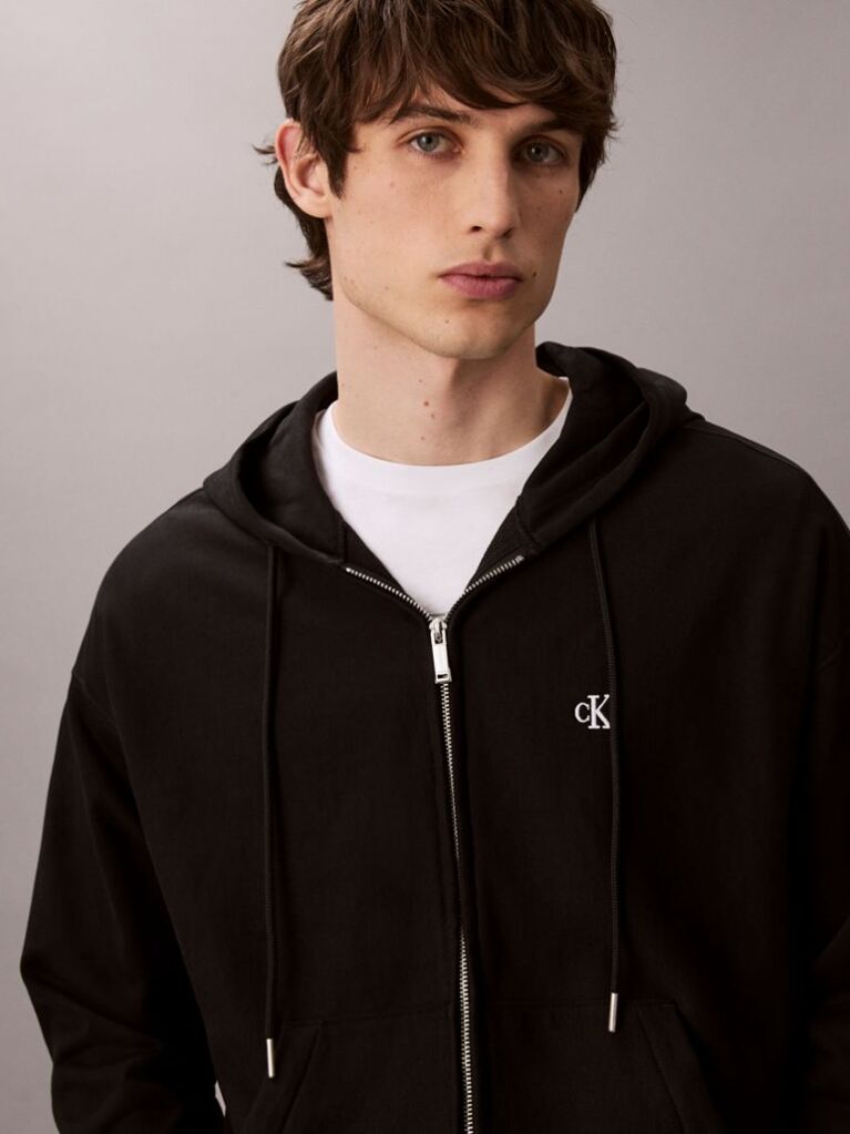 Black Relaxed Monogram Zip-Up Hoodie  Men