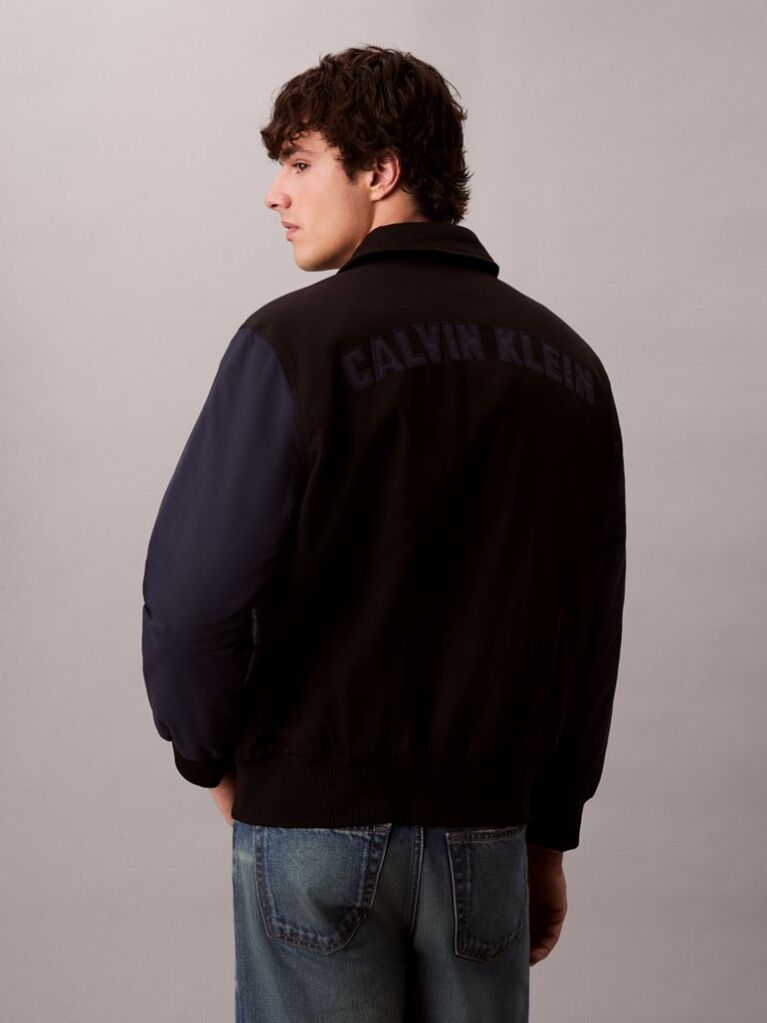 Black Nylon Cotton Varsity Bomber Jacket  Men