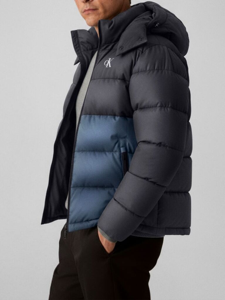 Black Colour Block Nylon Puffer Jacket  Men
