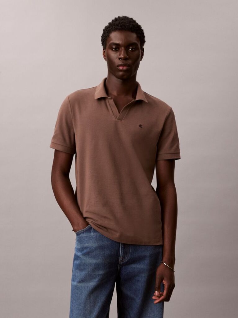 Brown Cotton Piqué Open Collar Polo Shirt  Men