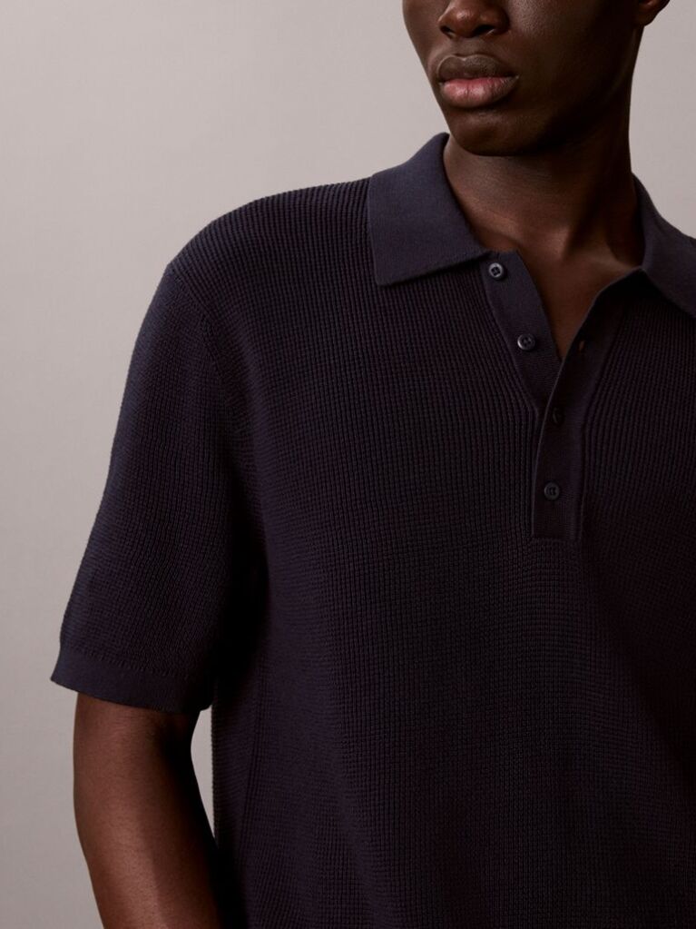Blue Cotton Waffle Knit Polo Shirt  Men