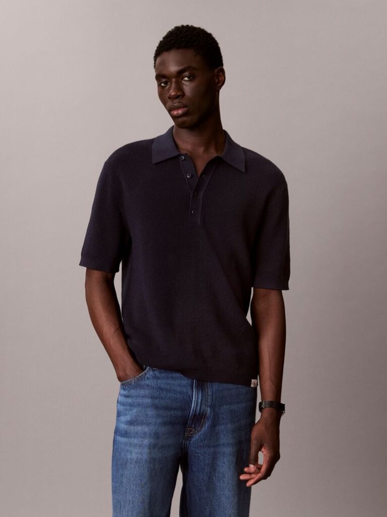 Blue Cotton Waffle Knit Polo Shirt  Men