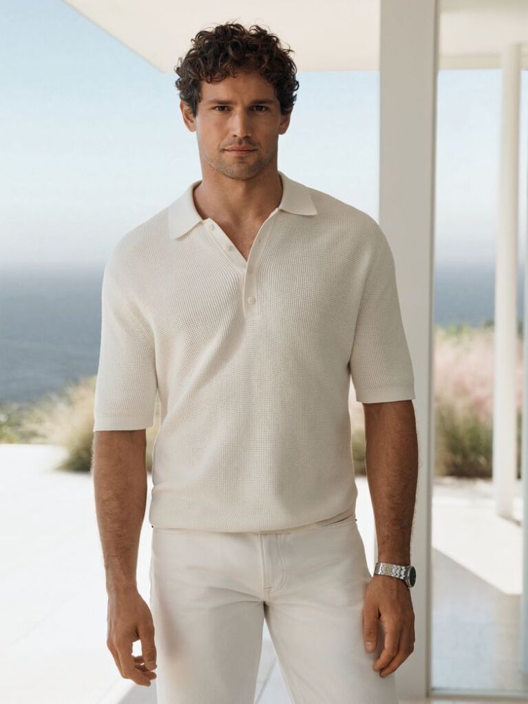 White Cotton Waffle Knit Polo Shirt  Men