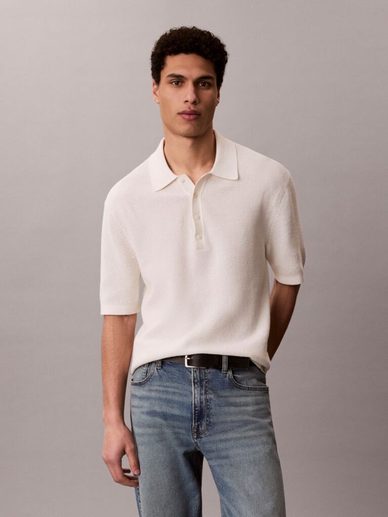 White Cotton Waffle Knit Polo Shirt  Men