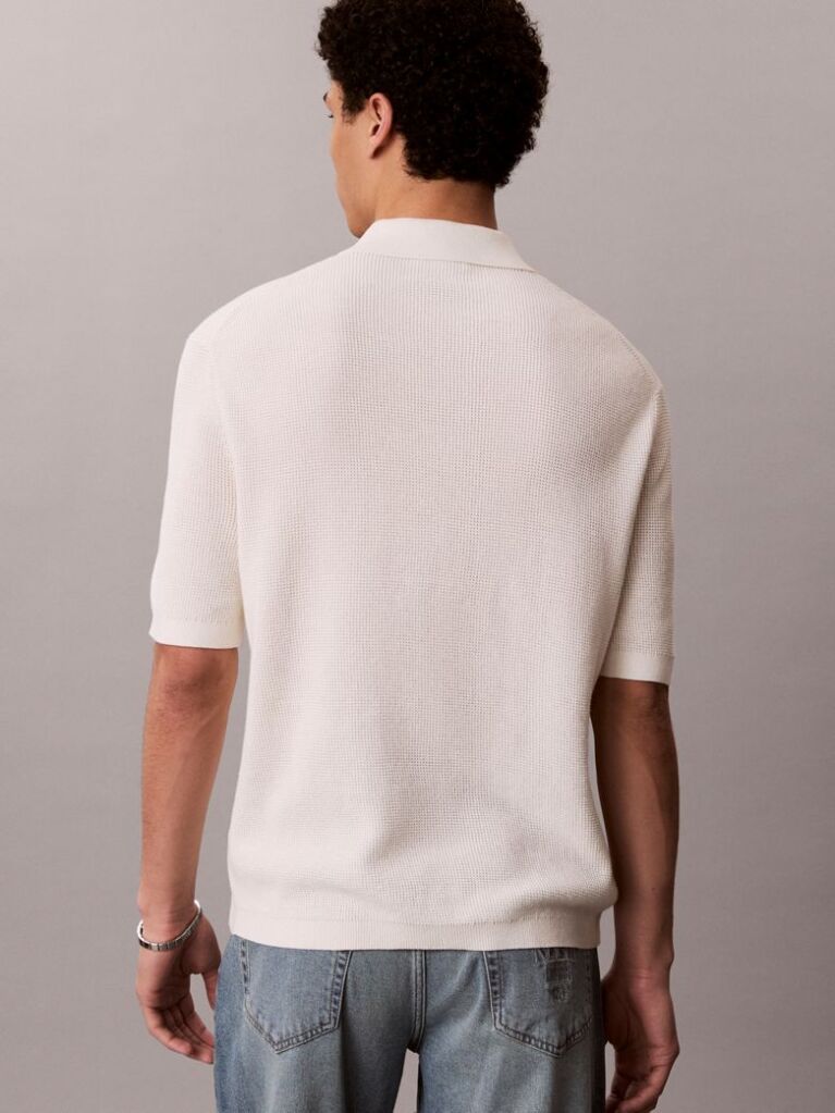 White Cotton Waffle Knit Polo Shirt  Men