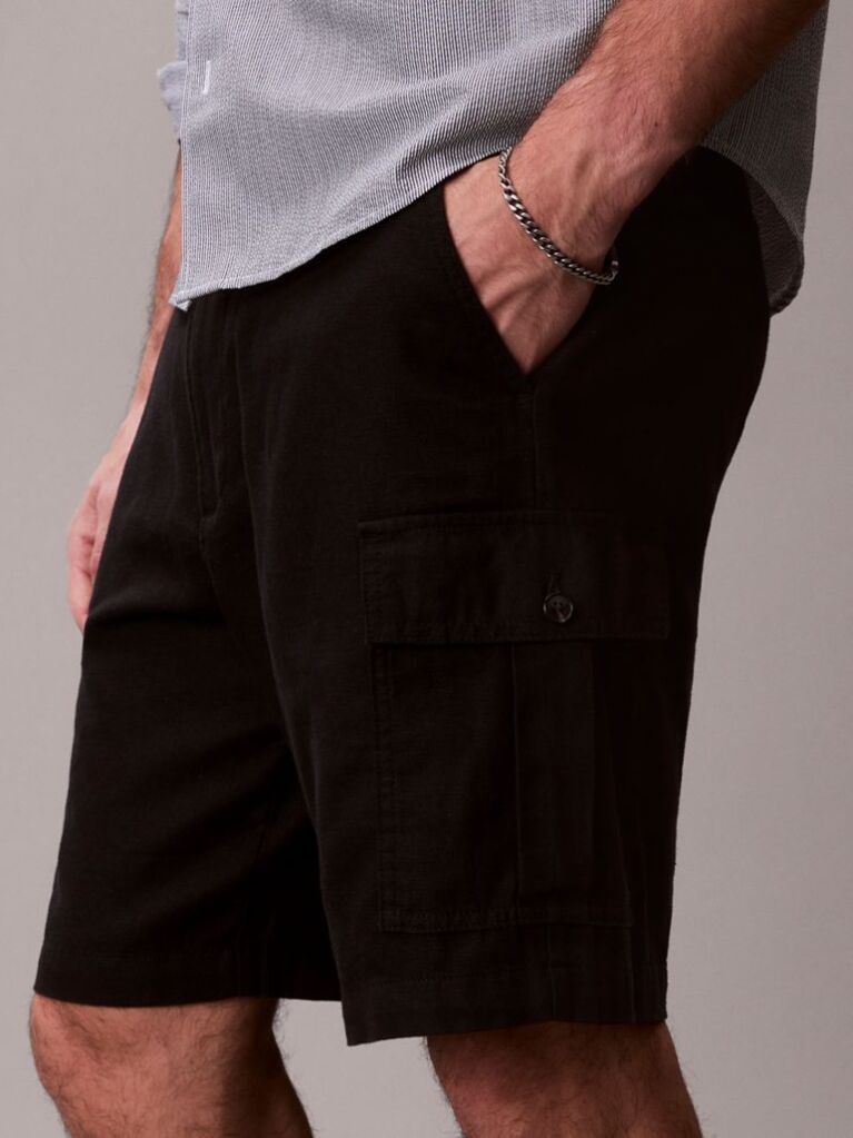 Black Linen Cotton Cargo Shorts  Men