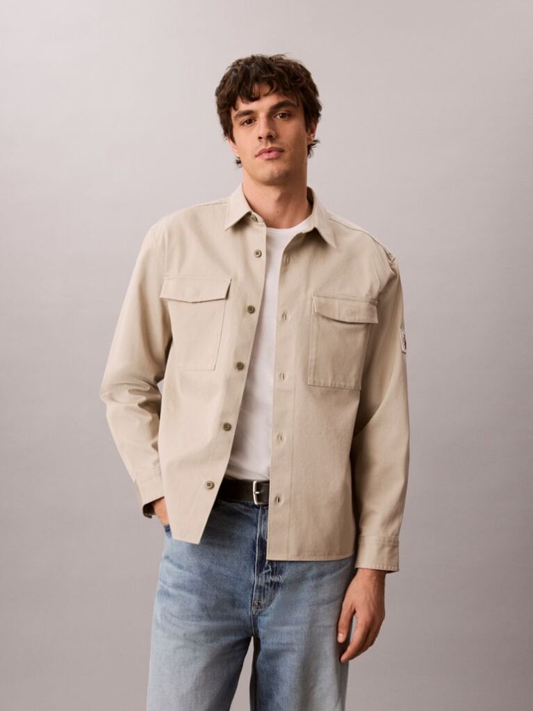 Beige Cotton Twill Utility Overshirt  Men
