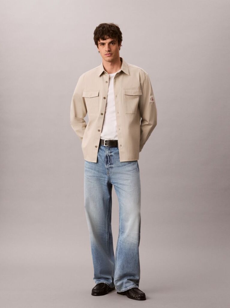 Beige Cotton Twill Utility Overshirt  Men
