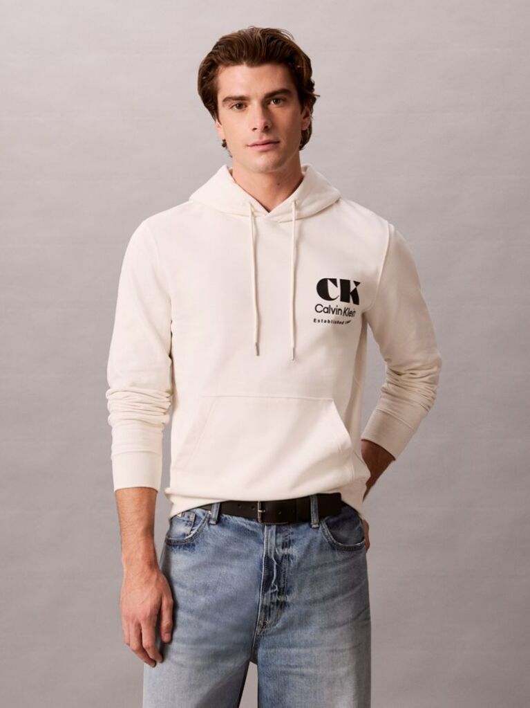 White Bold Logo Sueded Terry Hoodie  Men