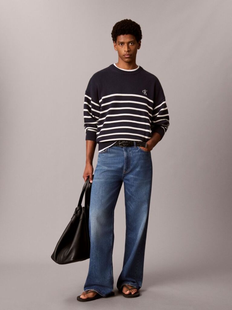 Blue Relaxed Cotton Stripe Jumper  Men
