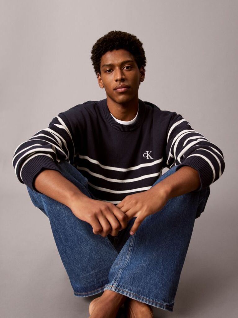 Blue Relaxed Cotton Stripe Jumper  Men