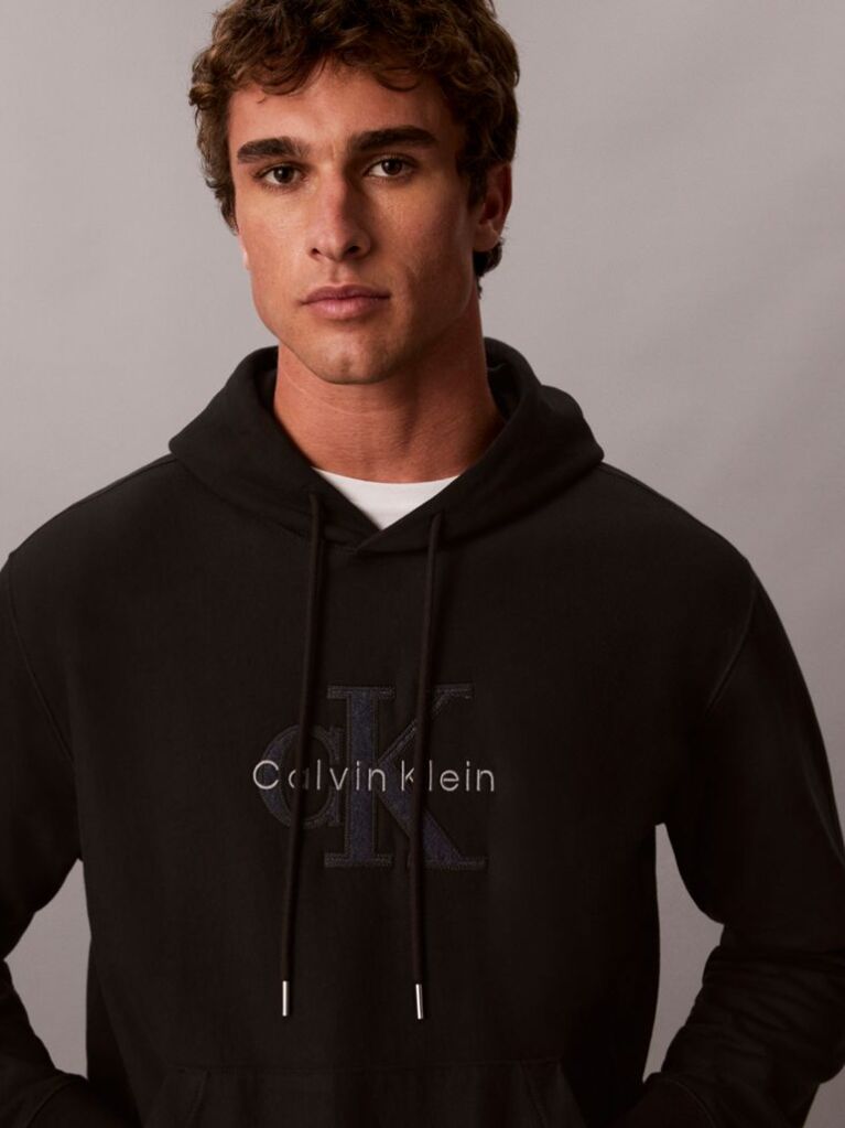 Black Premium Terry Denim Logo Hoodie  Men