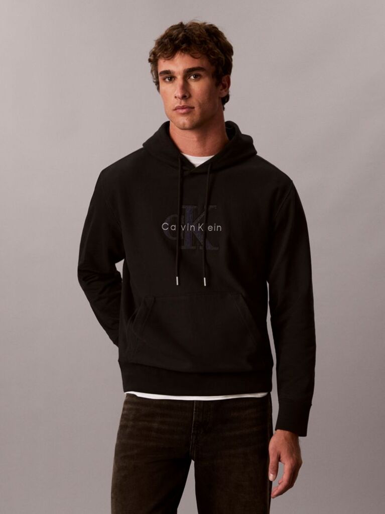Black Premium Terry Denim Logo Hoodie  Men