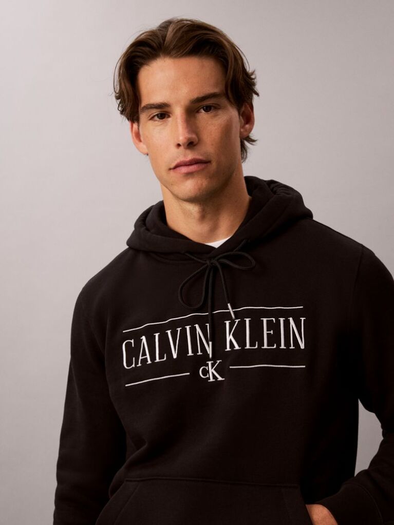 Black Cotton Fleece Varsity Logo Hoodie  Men
