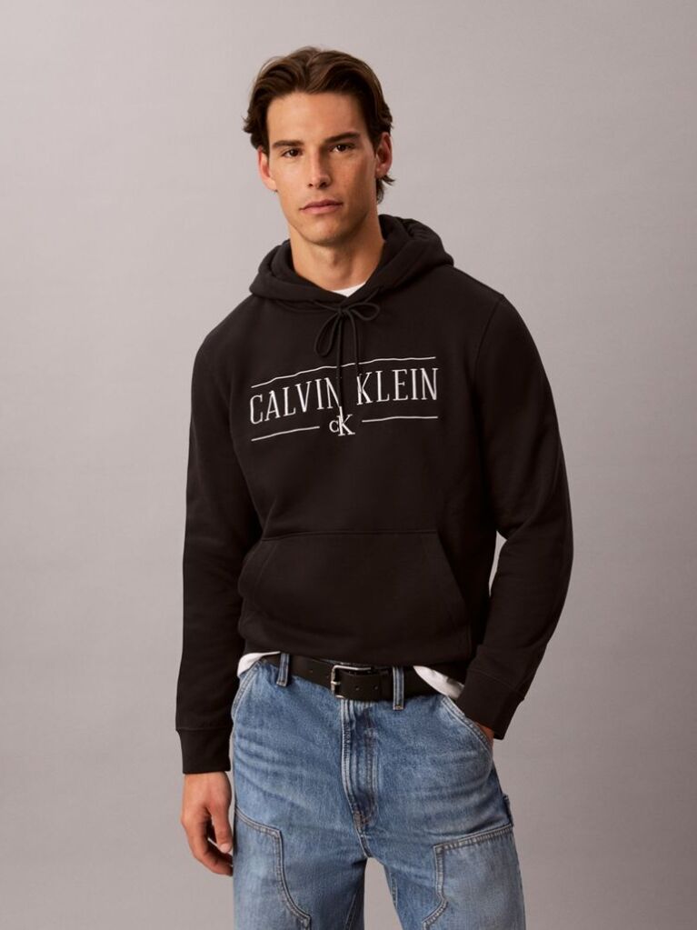 Black Cotton Fleece Varsity Logo Hoodie  Men