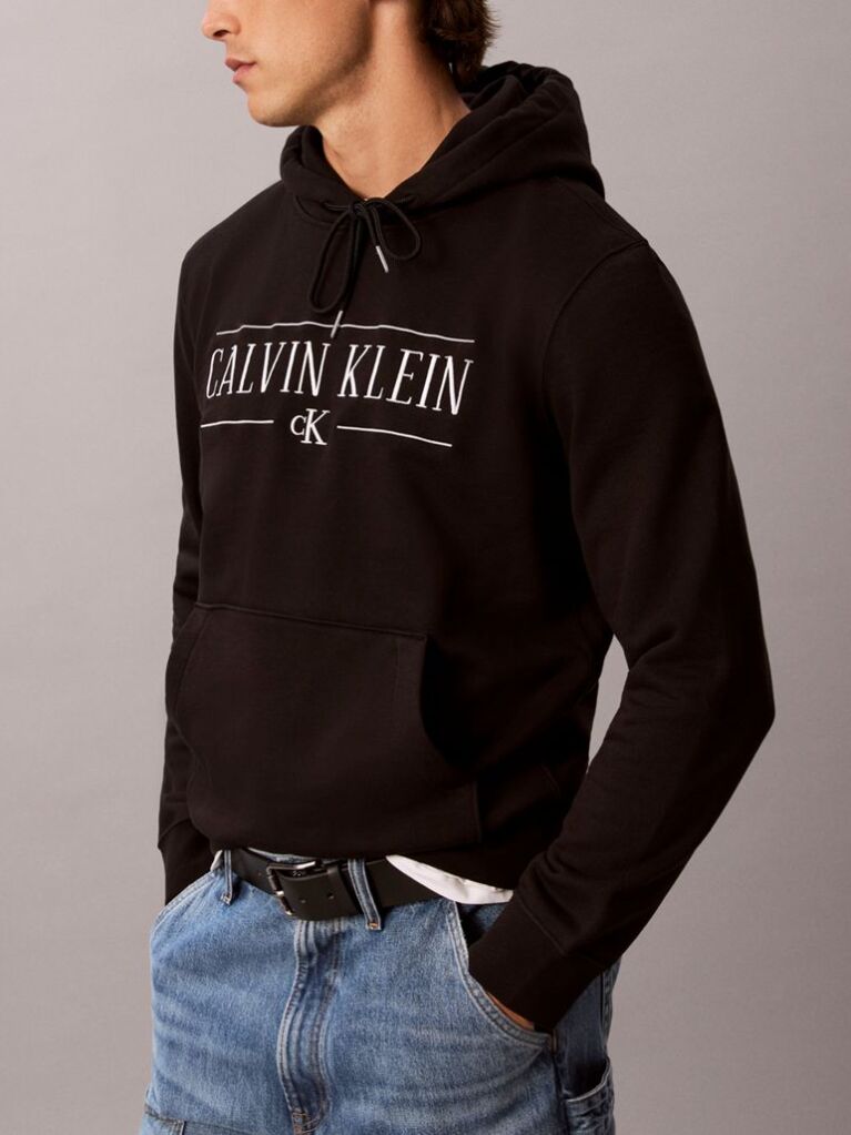 Black Cotton Fleece Varsity Logo Hoodie  Men