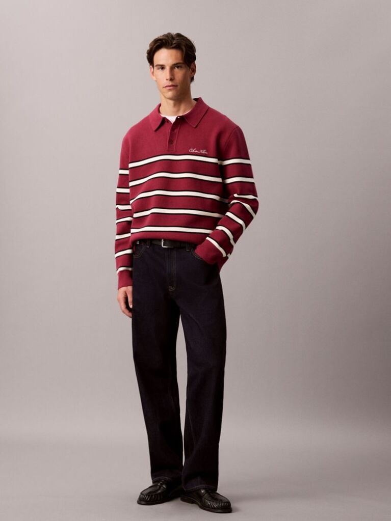 Red Cotton Stripe Polo Jumper  Men