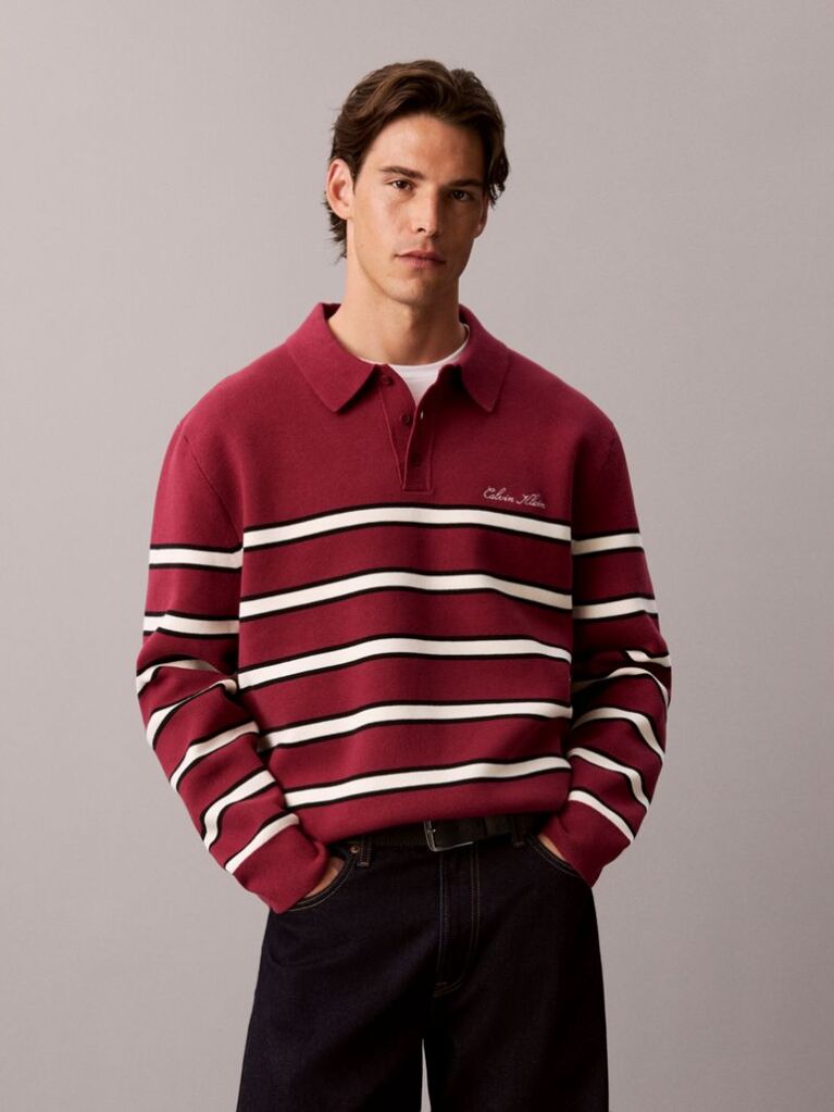 Red Cotton Stripe Polo Jumper  Men