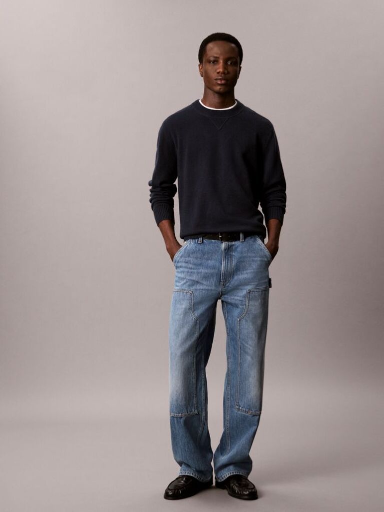 Blue Merino Wool Crew Neck Jumper  Men