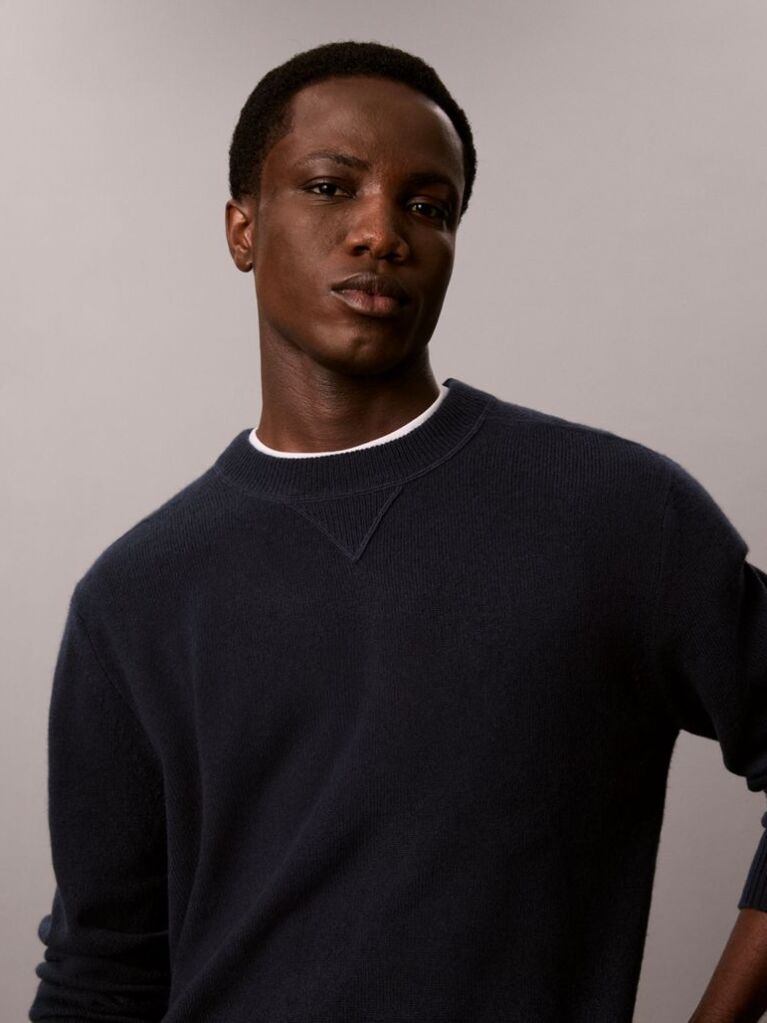 Blue Merino Wool Crew Neck Jumper  Men
