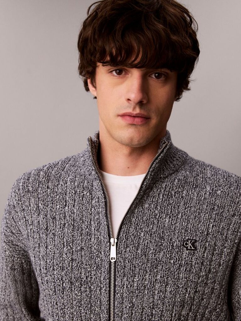 Grey Heathered Cotton Zip Cardigan  Men