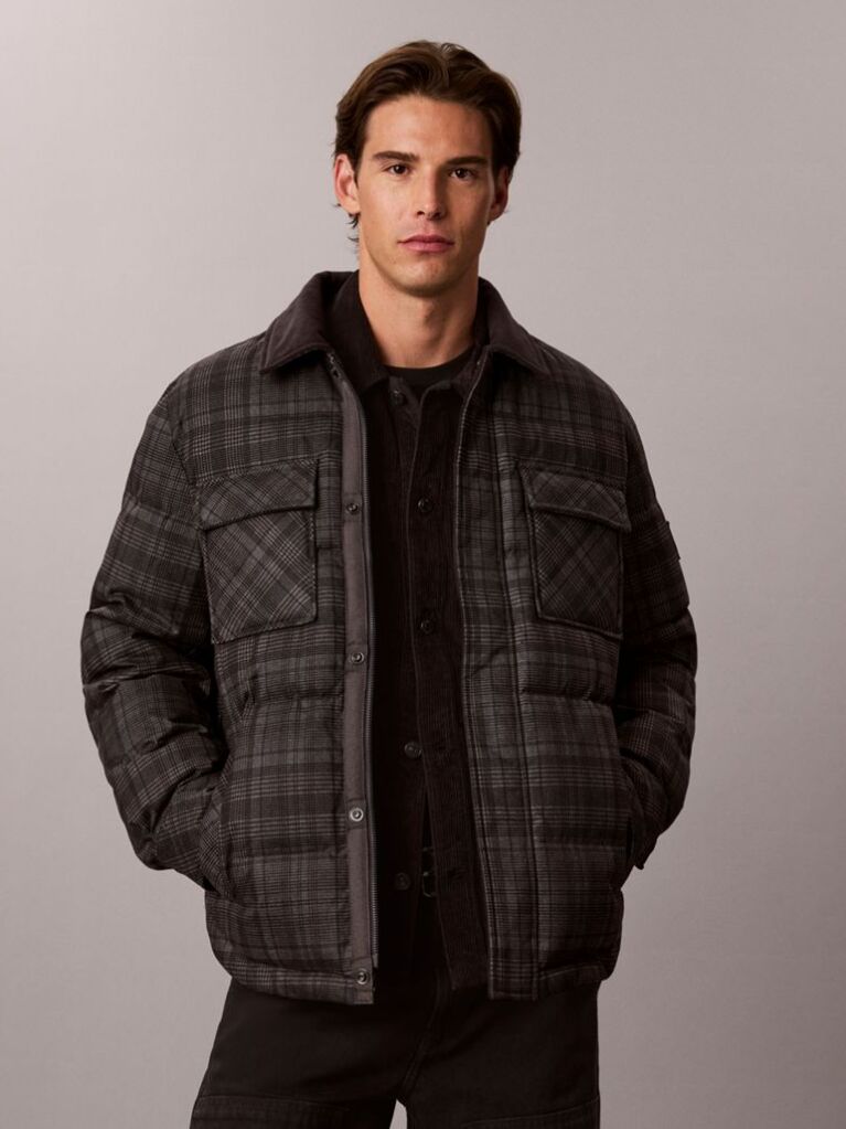 Γκρι Φουσκωτό Shirt Jacket Με Καρό Μοτίβο  Άνδρας