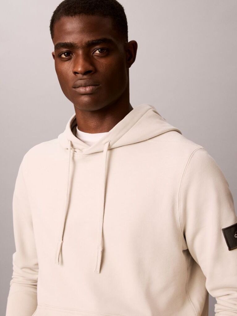 Beige Cotton Terry Badge Hoodie  Men