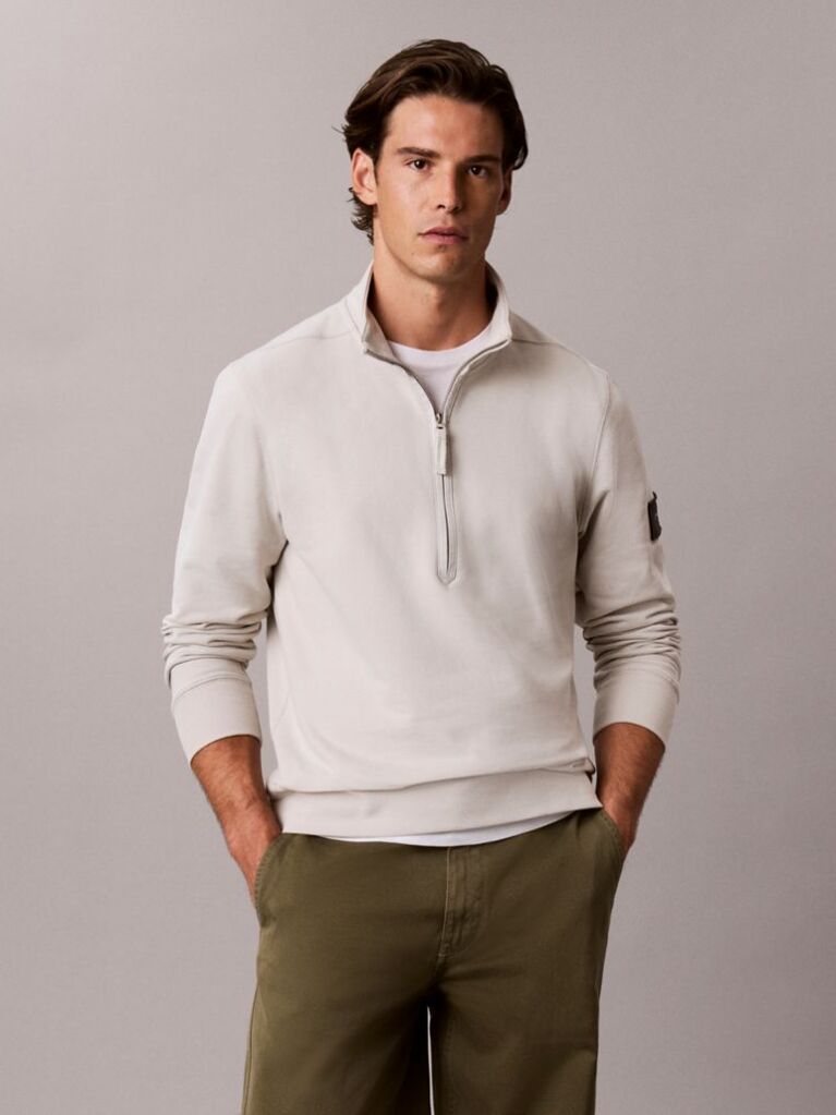 Beige Cotton Terry Quarter Zip Sweatshirt  Men