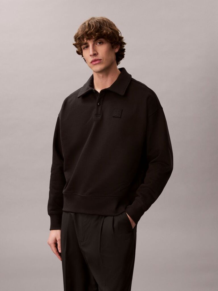 Black Heavy Jersey Logo Long Sleeve Polo Shirt  Men