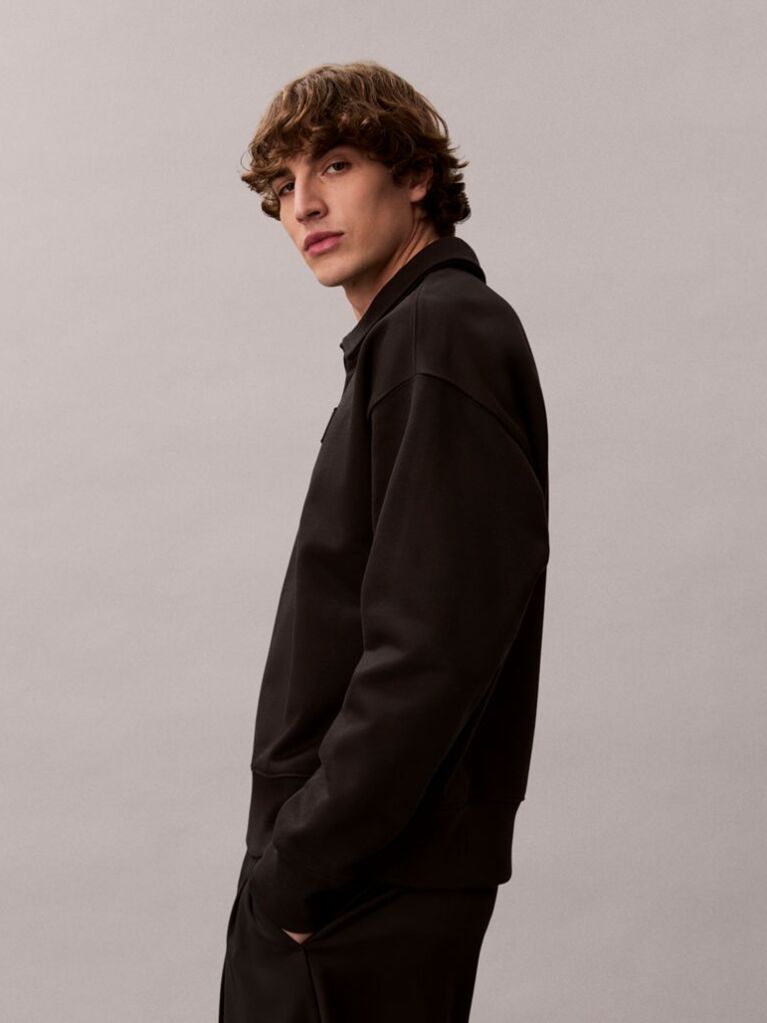 Black Heavy Jersey Logo Long Sleeve Polo Shirt  Men