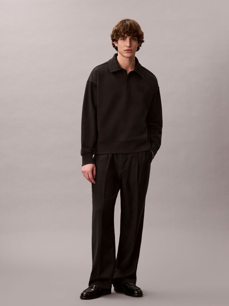 Black Heavy Jersey Logo Long Sleeve Polo Shirt  Men