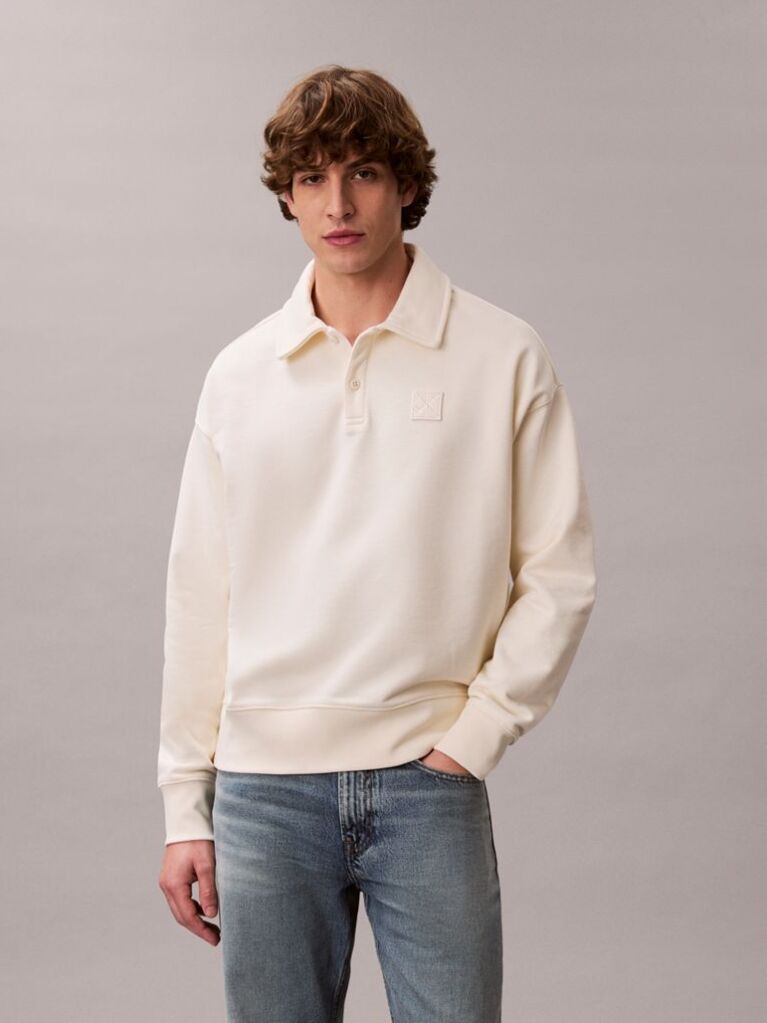 White Heavy Jersey Logo Long Sleeve Polo Shirt  Men