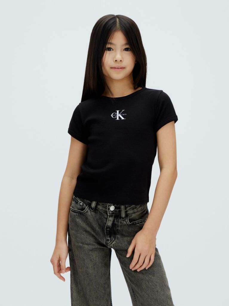 Black Ribbed Logo Tee  Girls