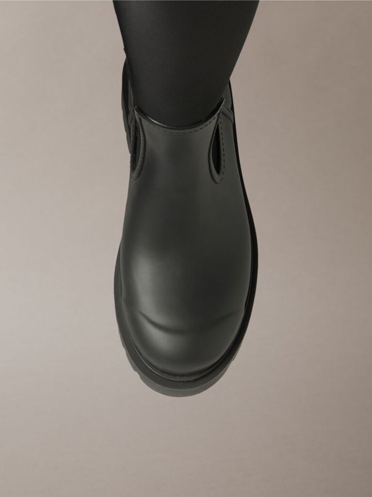 Black Tall Heeled Flexible Lug Sole Rainboots  Women